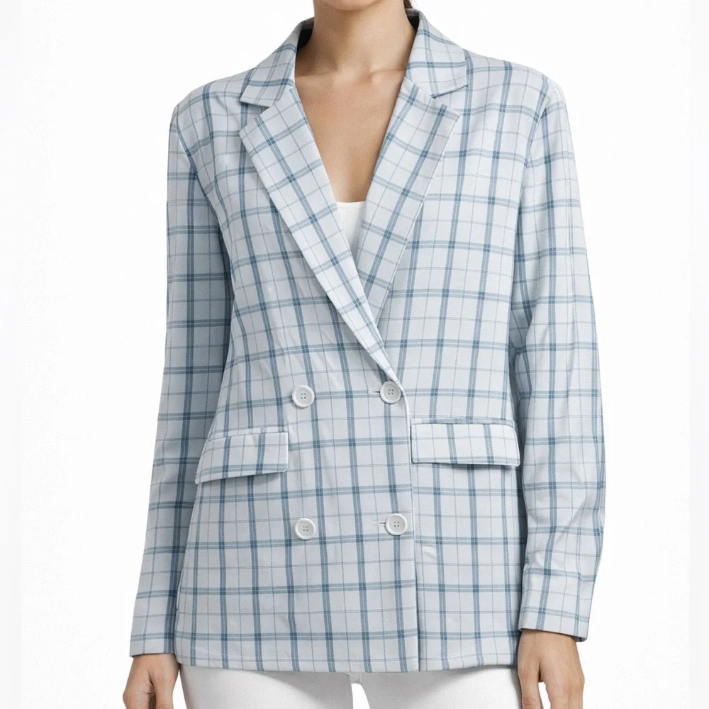 Lola May Plaid Double Breasted Blazer Light Blue White Womens Size 6